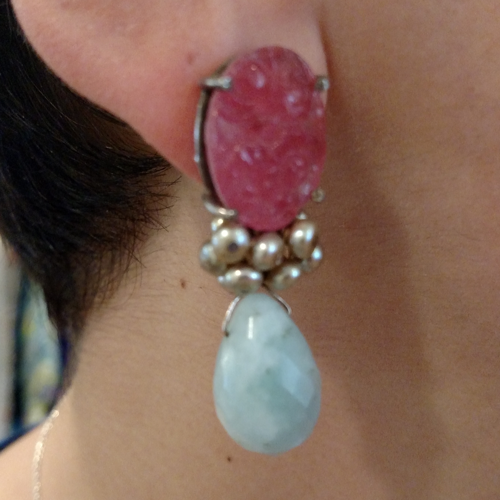 Vintage Czech glass, pearl and larimar earrings