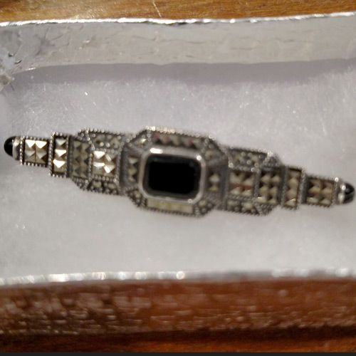 Vintage sterling, marcasite and onyx pin