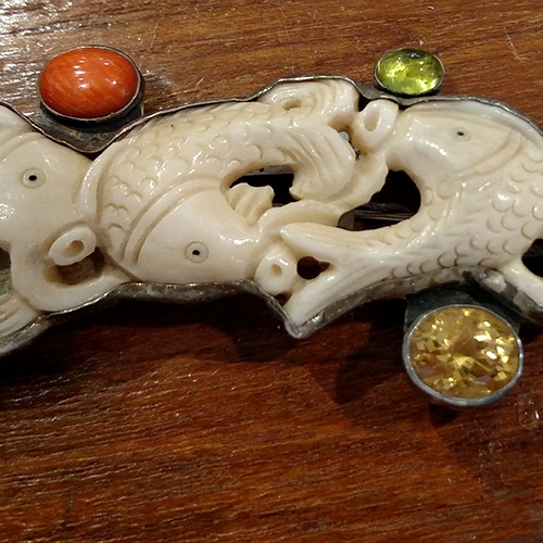Amy Kahn Russell ivory, citrine, coral and sterling koi fish pin/pendant.