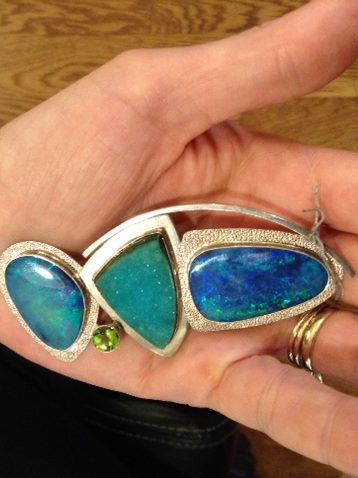 Sterling pendant with opals and aqua druzy.