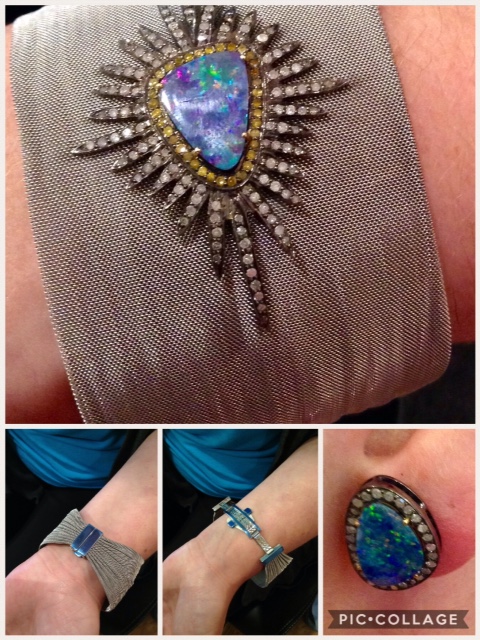Handmade sterling mesh bracelet with Indonesian opal, rosecut diamonds with matching earrings.